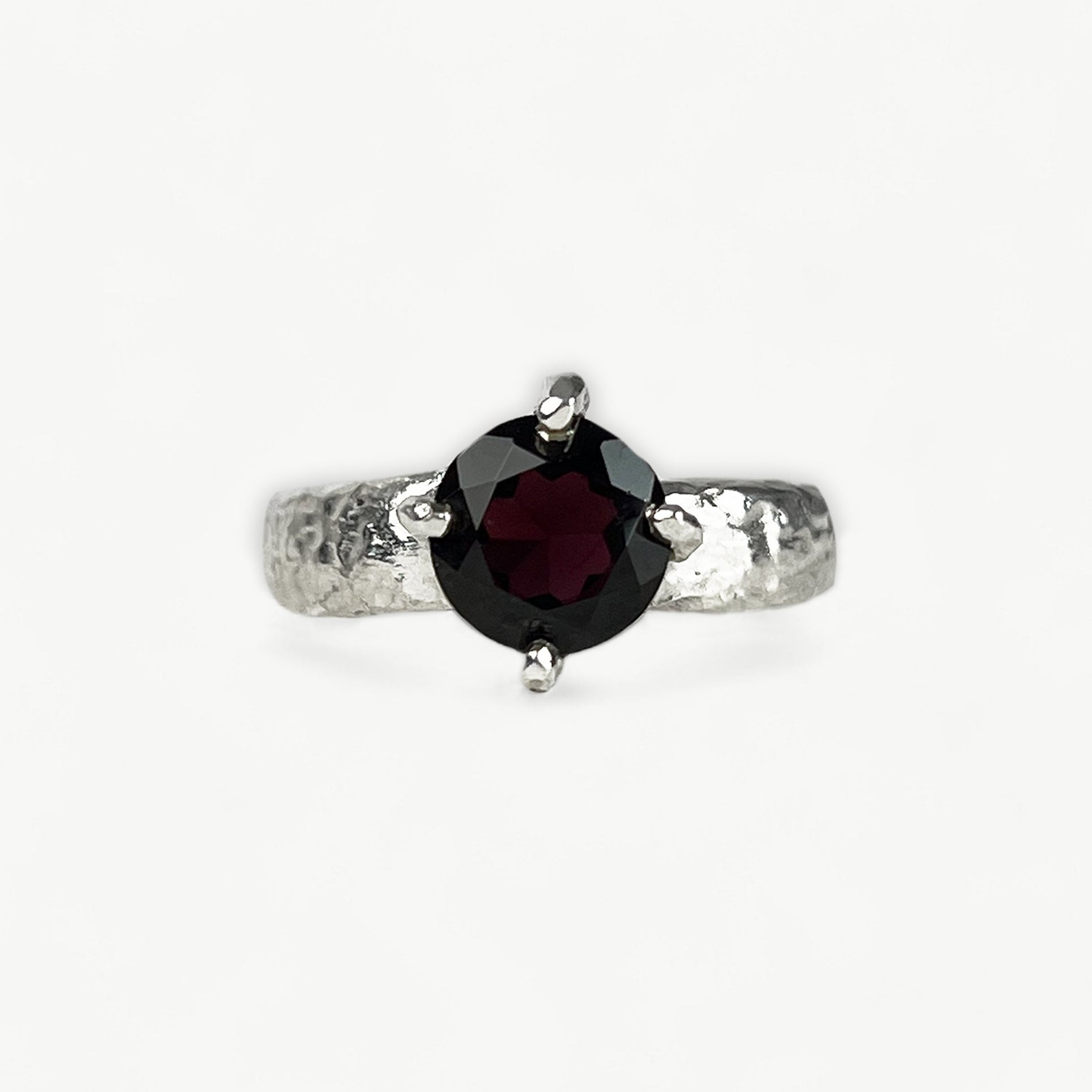 Molten Sterling Silver Ring With Round Garnet