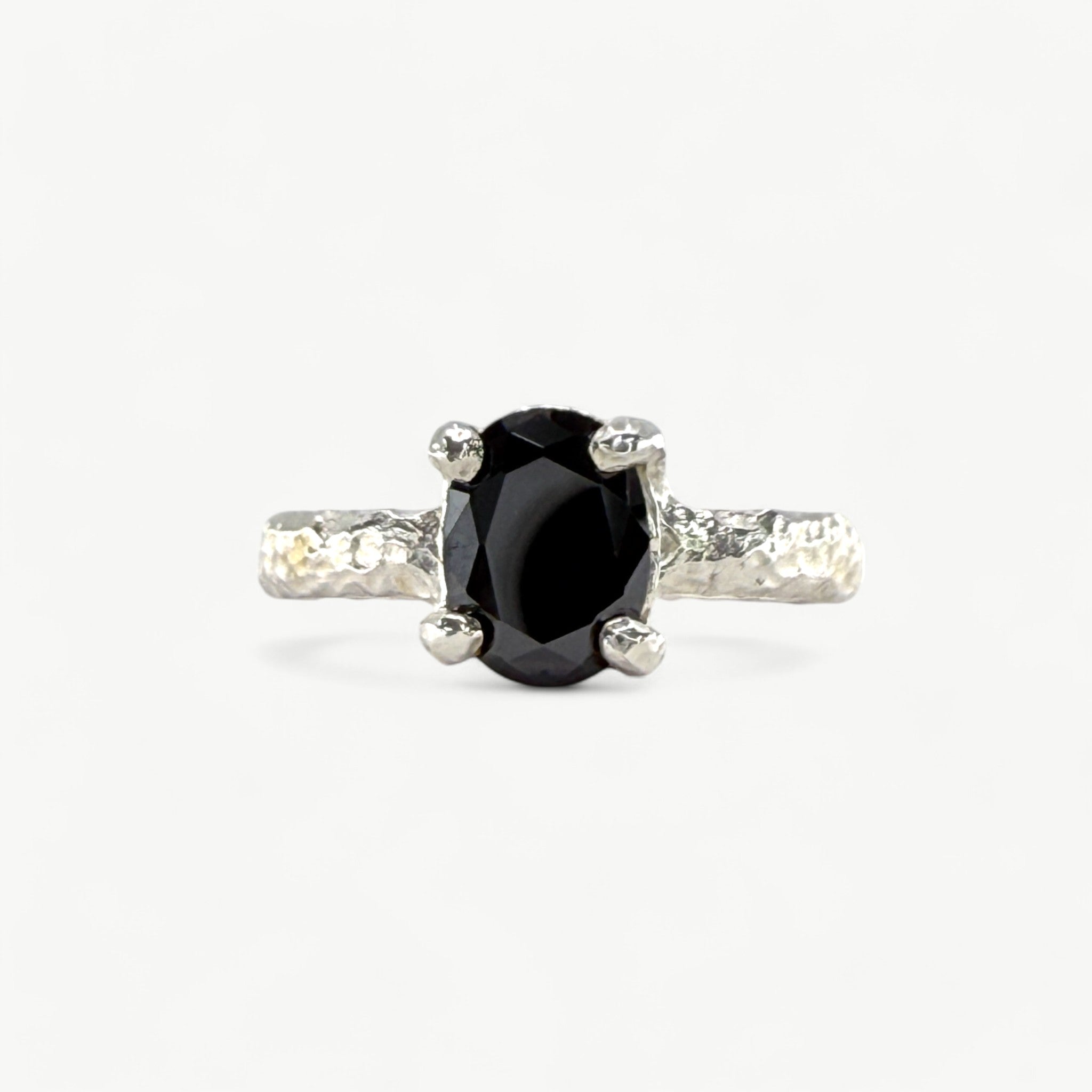 Molten Sterling Silver Ring With Black Oval CZ