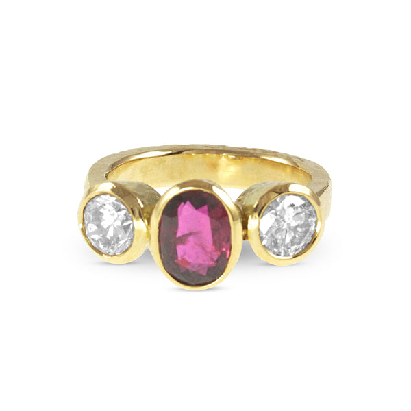 Ruby and diamond ring handmade in 18ct yellow gold.
