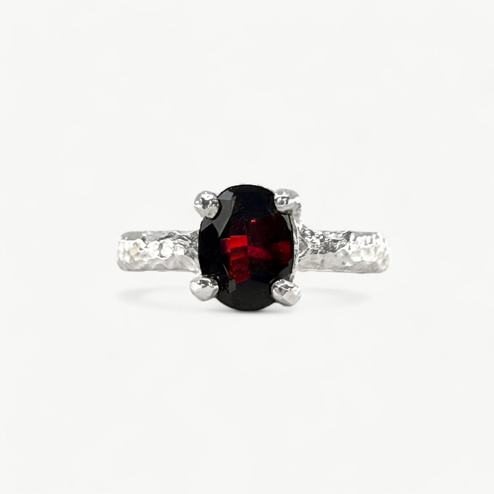 Garnet Oval Molten Silver Ring