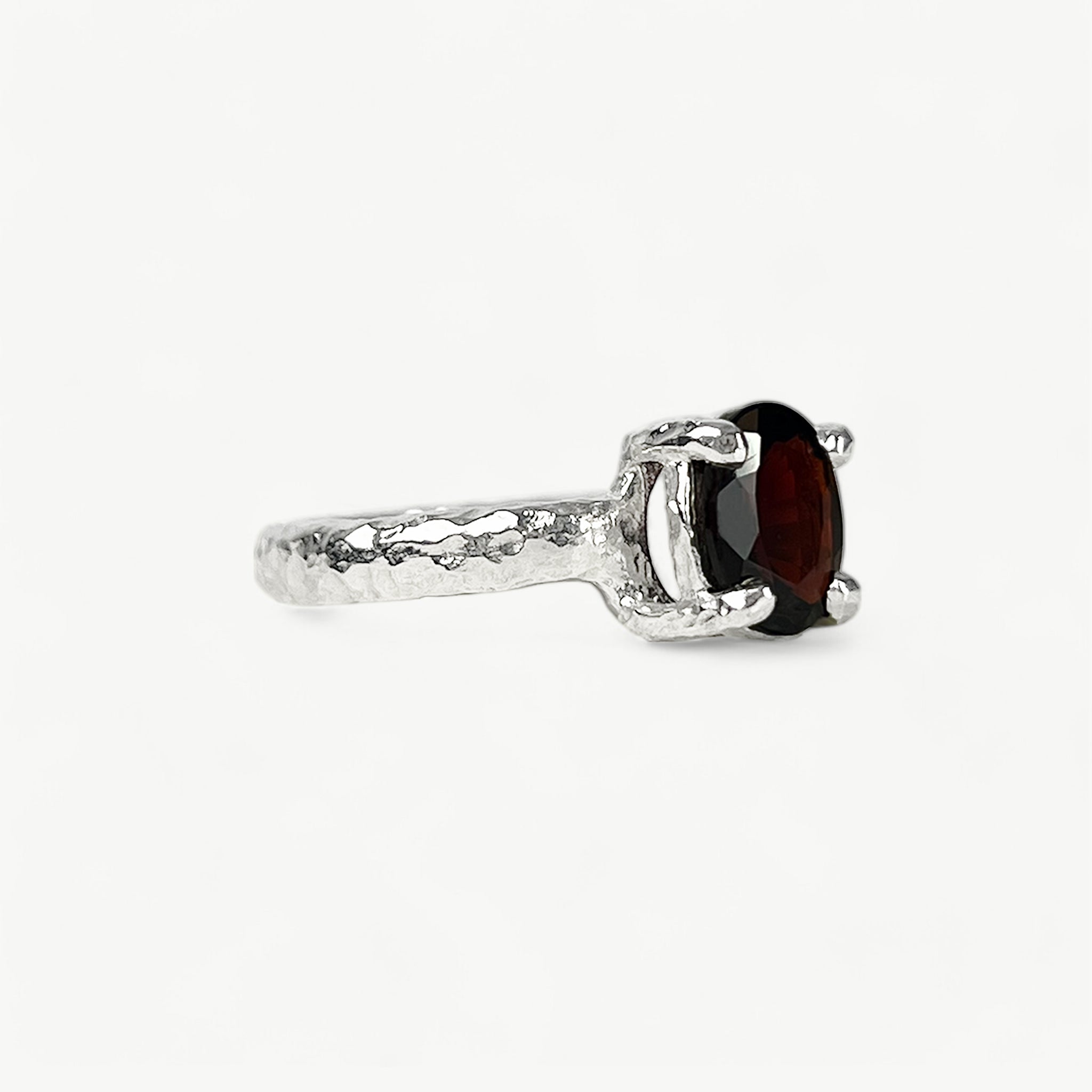 Garnet Oval Molten Silver Ring