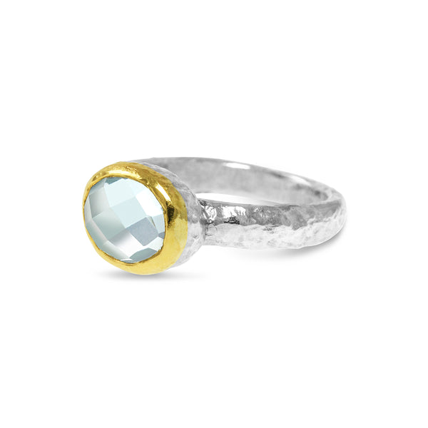Ring silver gold setting with set with blue topaz gemstone. - paul magen