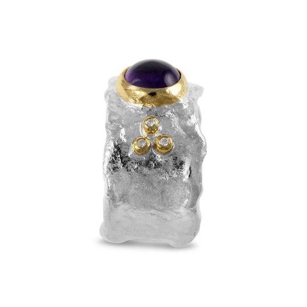Silver rustic style ring set with amethyst and diamond. - paul magen
