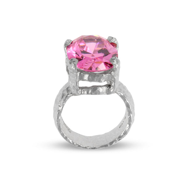 Silver statement ring set with pink coloured cubic zirconia. - paul magen